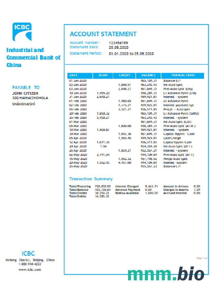 Szablon wyciągu bankowego China Everbright w programie Word i PDF